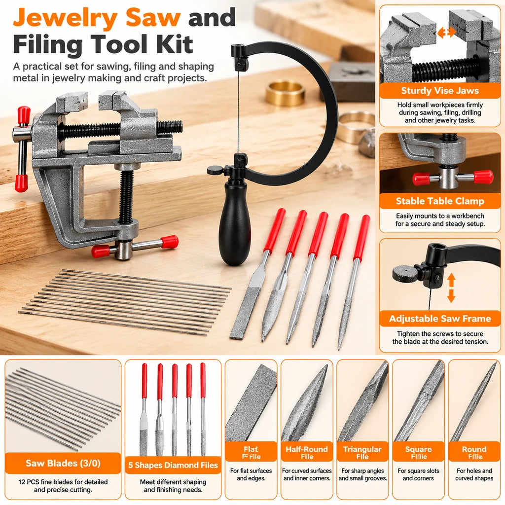 Jewelry saw and filing kit on a workbench with close ups of vise jaws, table clamp, blade adjustment and file profiles