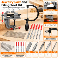 Jewelry saw and filing kit on a workbench with close ups of vise jaws, table clamp, blade adjustment and file profiles