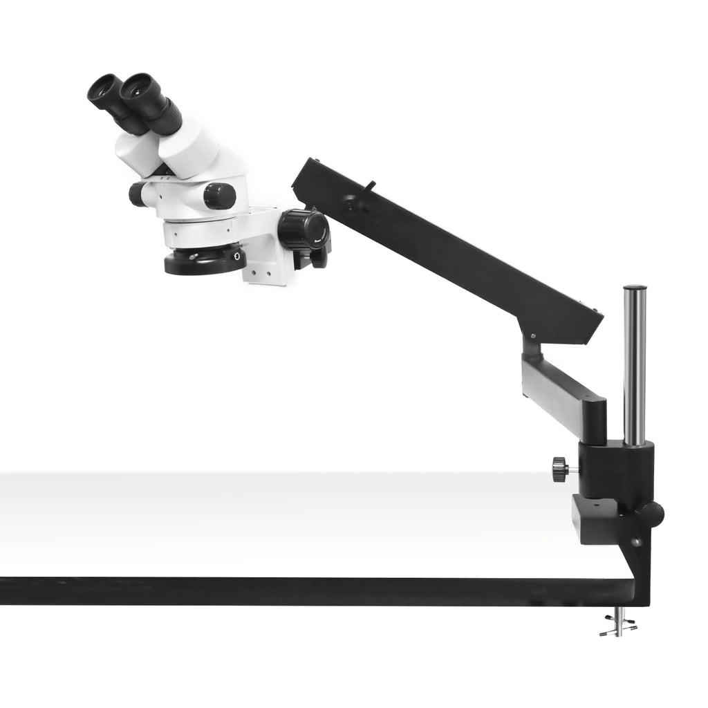 Side view of stereo microscope with articulating boom arm and workbench clamp