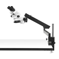 Side view of stereo microscope with articulating boom arm and workbench clamp