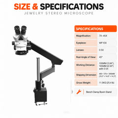 Stereo microscope with articulating boom stand showing product dimensions and specifications