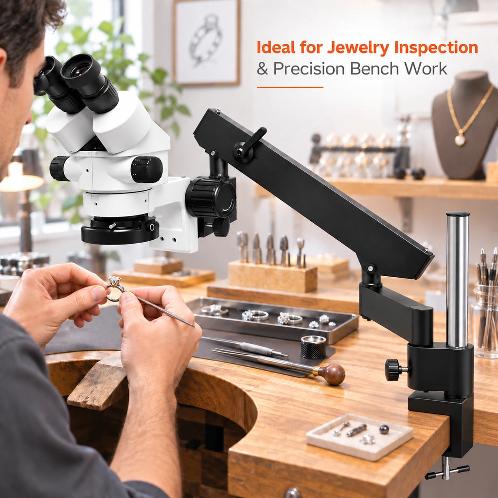 Jewelry worker using a stereo microscope with articulating boom stand for close inspection