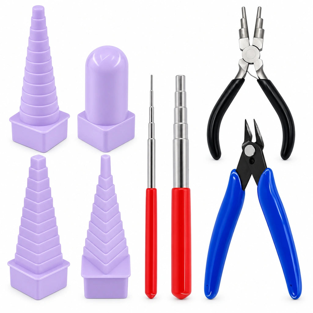Jewelry wire forming kit components including winding towers, metal mandrels, forming pliers and cutter