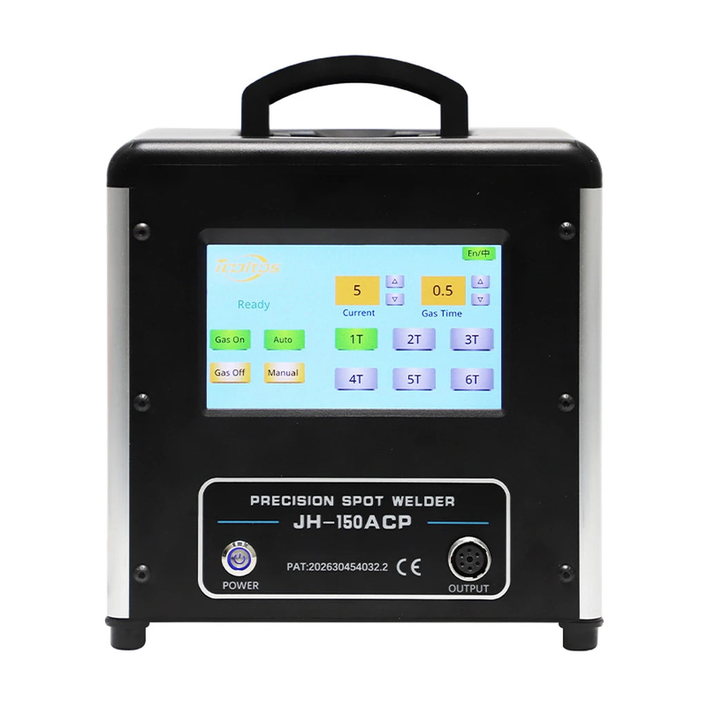 Tooltos jewelry spot welder front view showing touchscreen current and gas time controls, power button and output connector