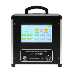 Tooltos jewelry spot welder front view showing touchscreen current and gas time controls, power button and output connector