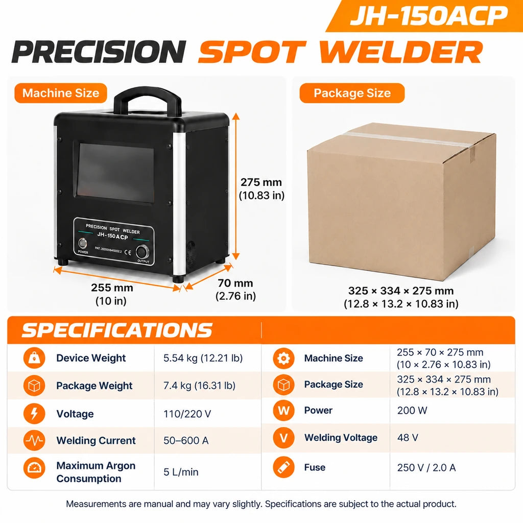 Tooltos touchscreen jewelry spot welder dimensions and specifications chart showing machine size, package size and electrical ratings