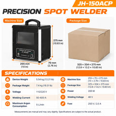 Tooltos touchscreen jewelry spot welder dimensions and specifications chart showing machine size, package size and electrical ratings