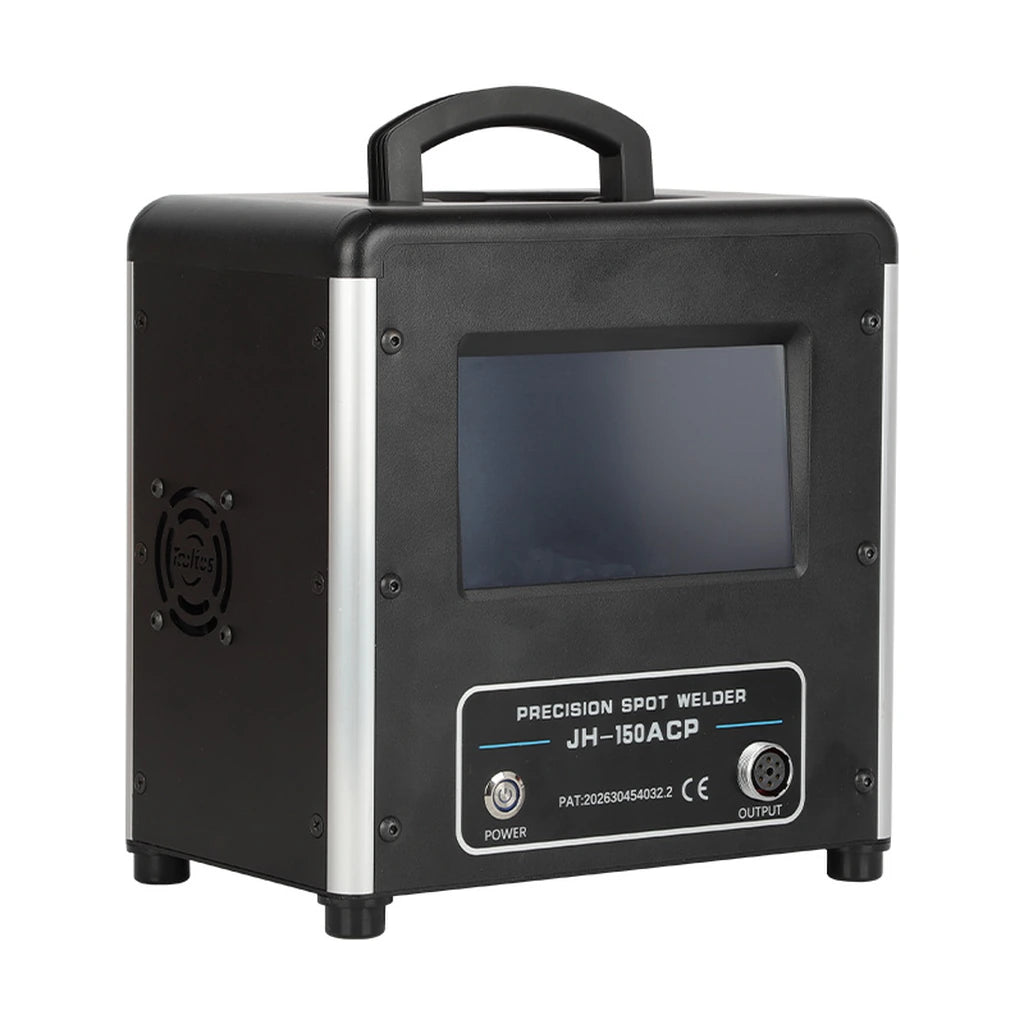 Tooltos precision jewelry spot welder angled front view showing touchscreen, carrying handle and side cooling fan