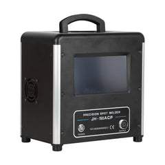 Tooltos precision jewelry spot welder angled front view showing touchscreen, carrying handle and side cooling fan