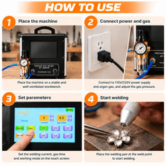 Four steps for using the jewelry spot welder, showing setup, power and gas connections, touchscreen settings and welding