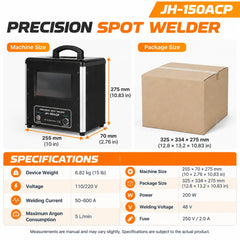 Jewelry spot welder dimensions and specifications showing machine size, package size, weight and electrical ratings