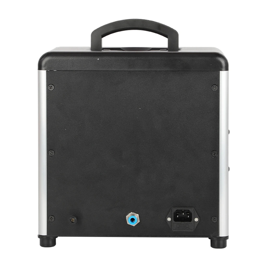 Tooltos jewelry spot welder rear view showing gas connection, power inlet and carrying handle
