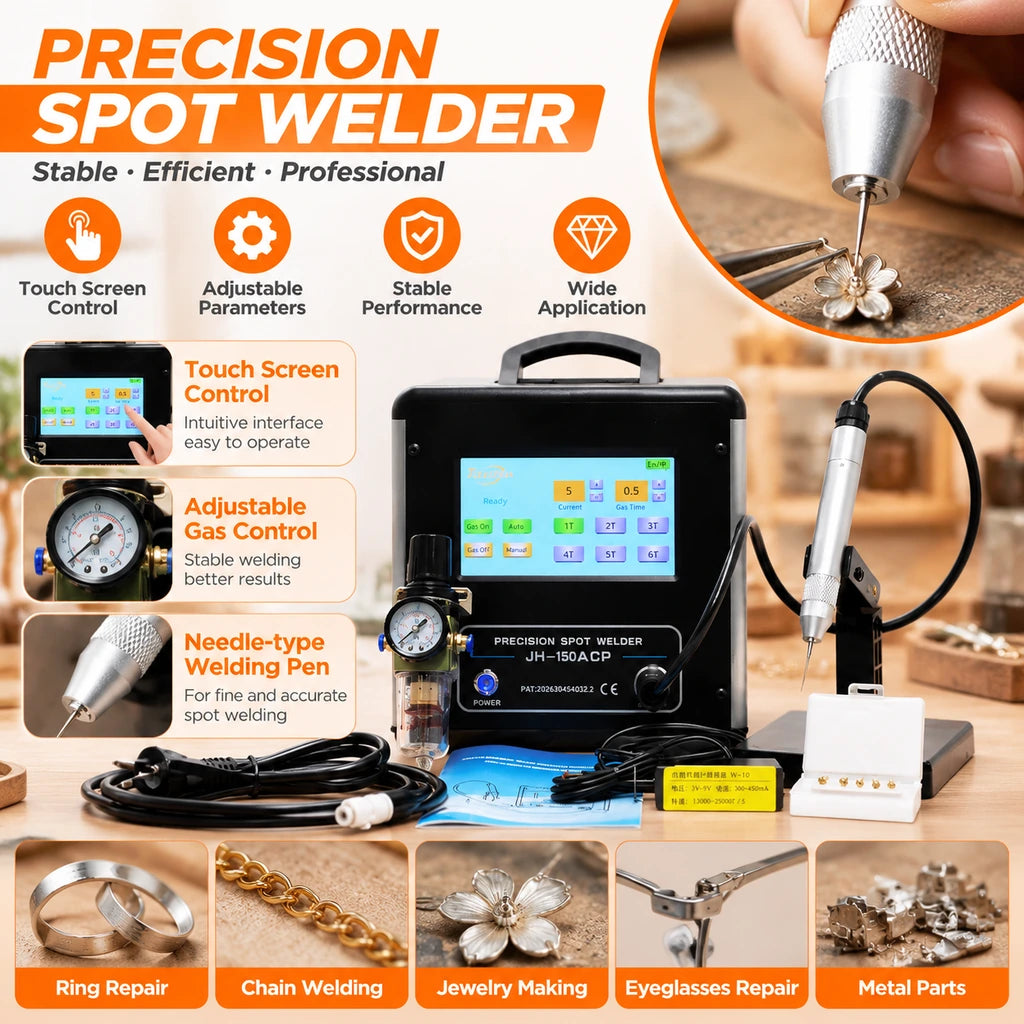 Jewelry spot welder with touchscreen controls, adjustable gas regulator and precision welding pen for small metal repairs