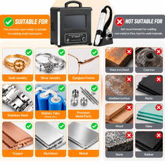 Jewelry spot welder application chart showing examples of metal workpieces and materials marked as unsuitable