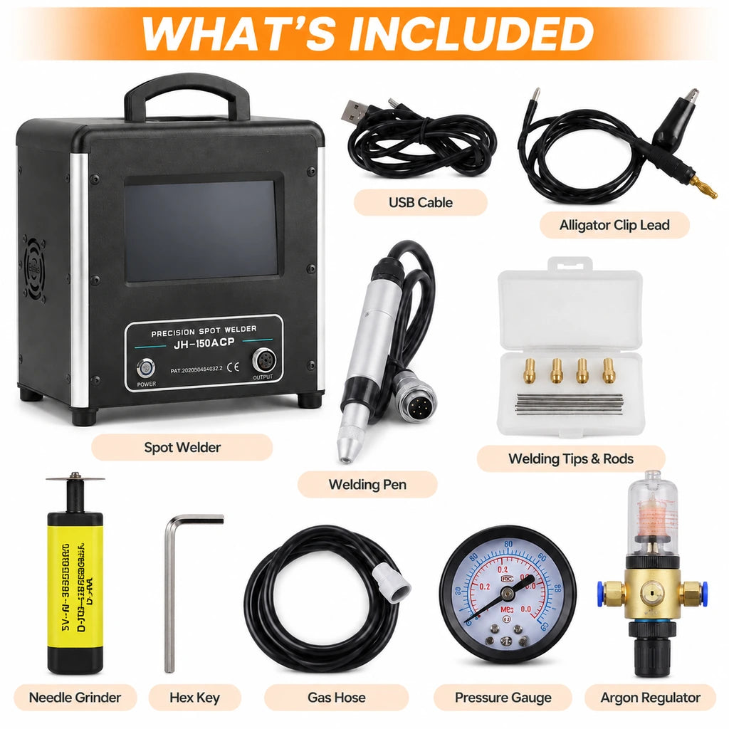 Jewelry spot welder kit showing welding pen, cables, electrode accessories, needle grinder, gas hose, gauge and regulator