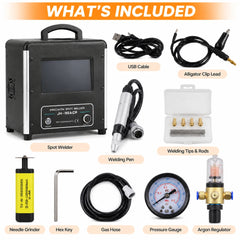 Jewelry spot welder kit showing welding pen, cables, electrode accessories, needle grinder, gas hose, gauge and regulator