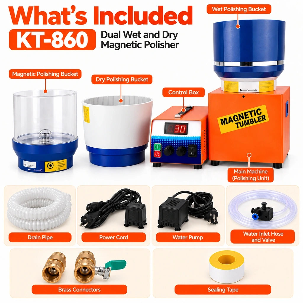 Labeled jewelry polishing kit with three bowls, control box, pump, drain pipe, inlet hose, brass fittings and sealing tape