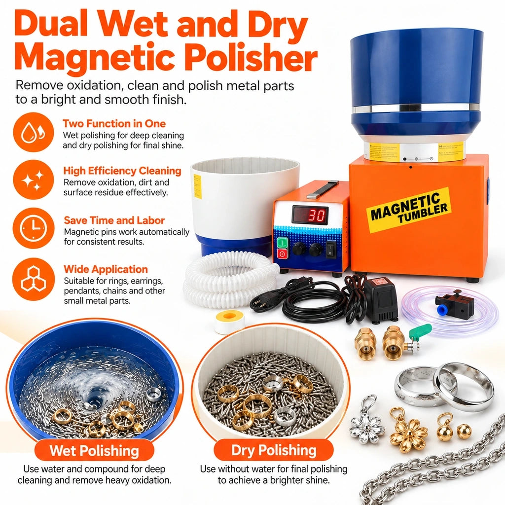 Jewelry polishing machine feature chart showing wet and dry finishing with rings, pendants and chains