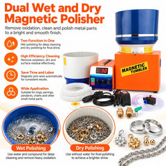 Jewelry polishing machine feature chart showing wet and dry finishing with rings, pendants and chains