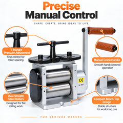 Tooltos 130mm rolling mill precise manual control features silver finish with T-handle and leather crank