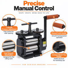 Tooltos 130mm rolling mill precise manual control features black finish with T-handle and leather crank