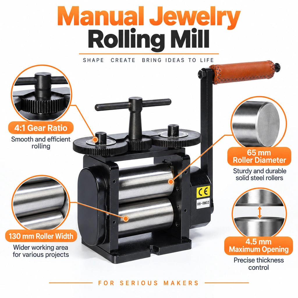 Tooltos 130mm rolling mill key features infographic black finish showing gear ratio and roller specs