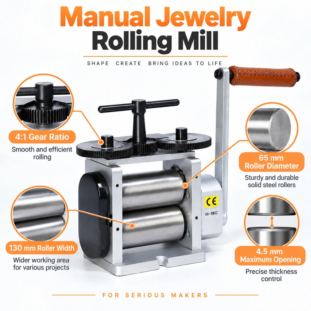 Tooltos 130mm rolling mill key features infographic silver finish showing gear ratio and roller specs