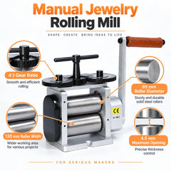 Tooltos 130mm rolling mill key features infographic silver finish showing gear ratio and roller specs