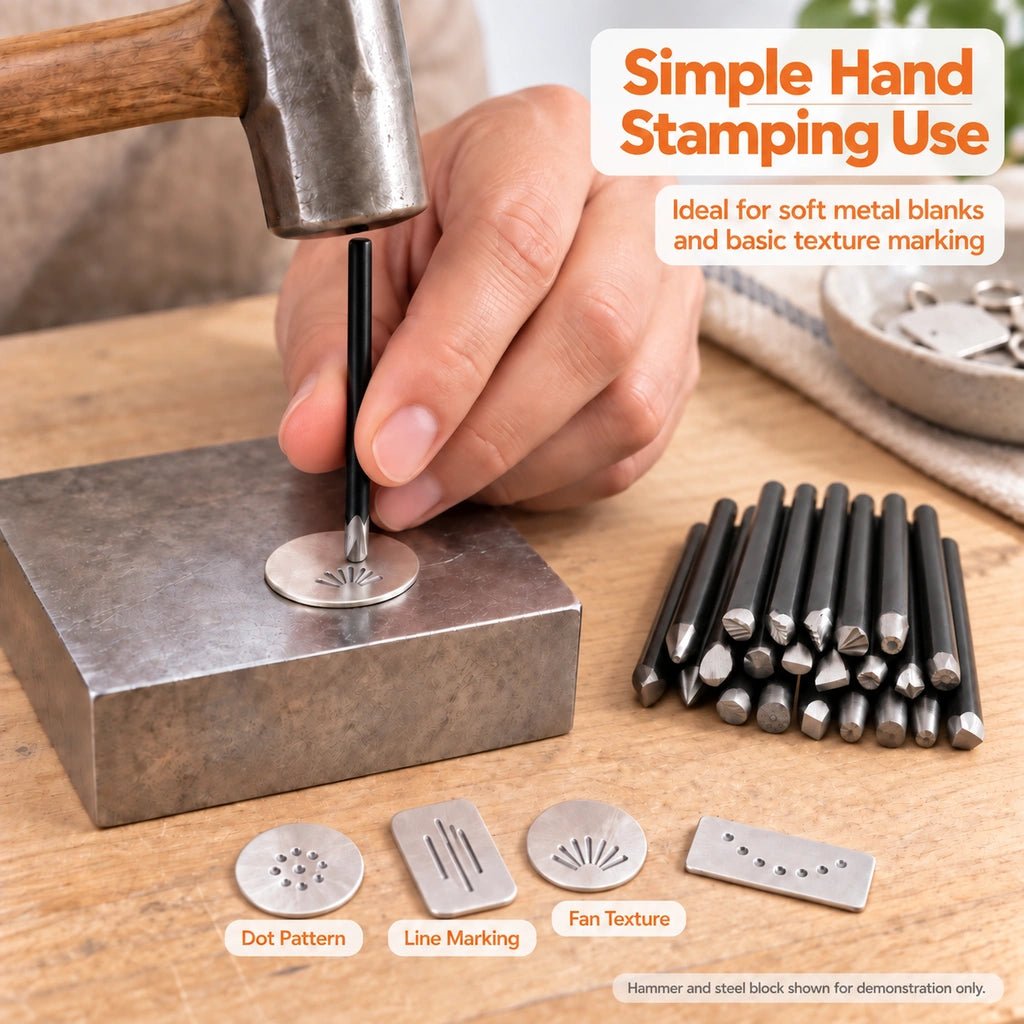 Hand using a metal stamping punch on a jewelry blank