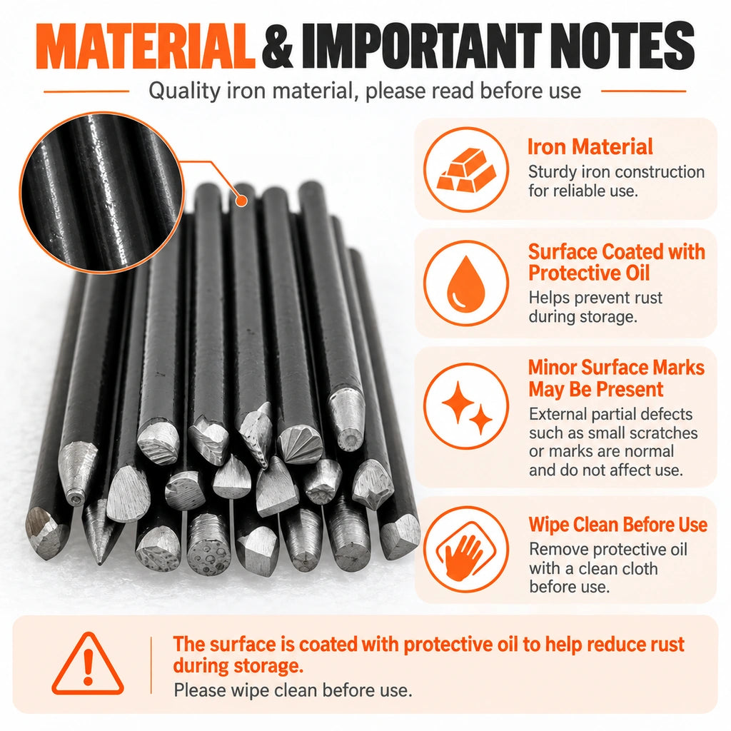 Metal stamping punch set with important usage and safety notes