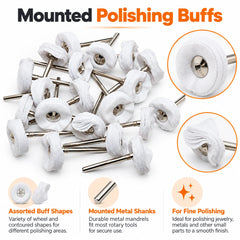 Mounted cloth polishing buffs set for rotary tools with product highlights