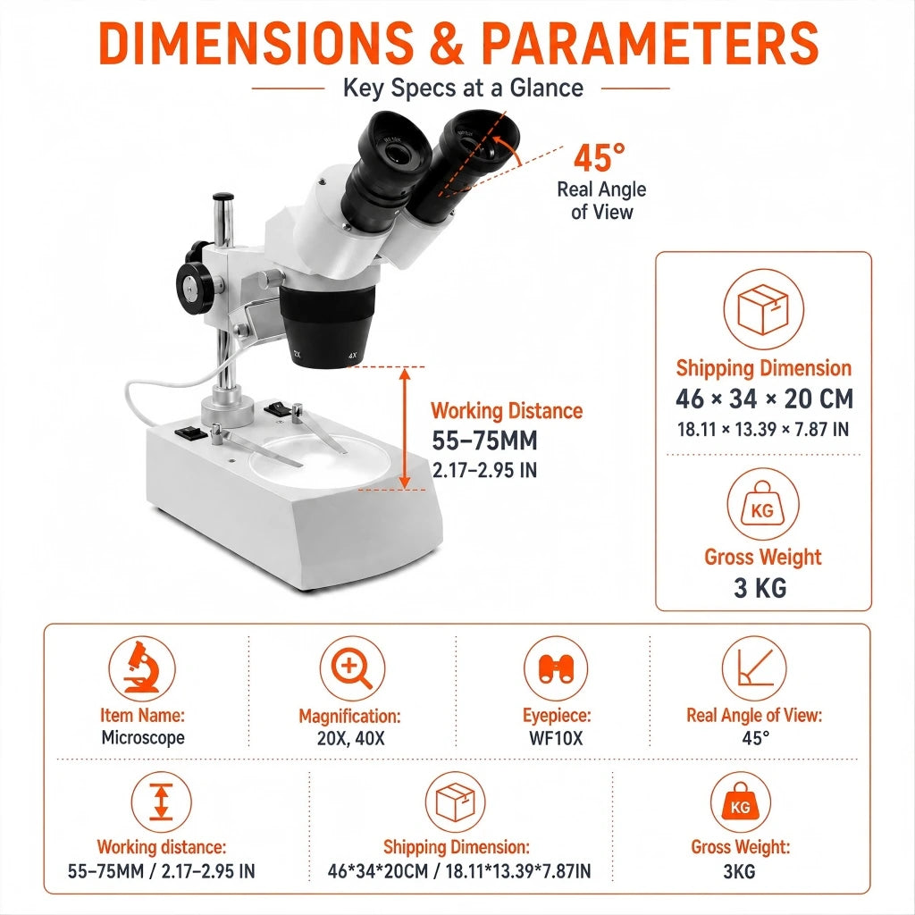 Dimensions and parameters infographic for Tooltos stereo microscope showing 45-degree viewing angle, 55-75mm working distance, 20X 40X magnification, WF10X eyepiece, shipping dimensions 46x34x20cm, and gross weight 3kg
