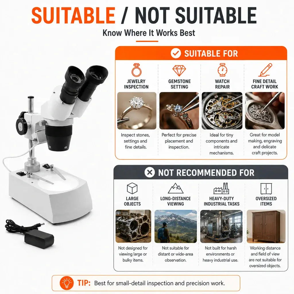 Suitable and not suitable applications for Tooltos 20X 40X stereo microscope