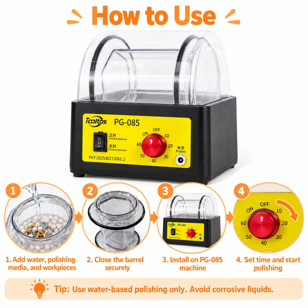 Four steps for using the PG085 polishing barrel: add contents and water, close securely, install on the tumbler, and set the timer.