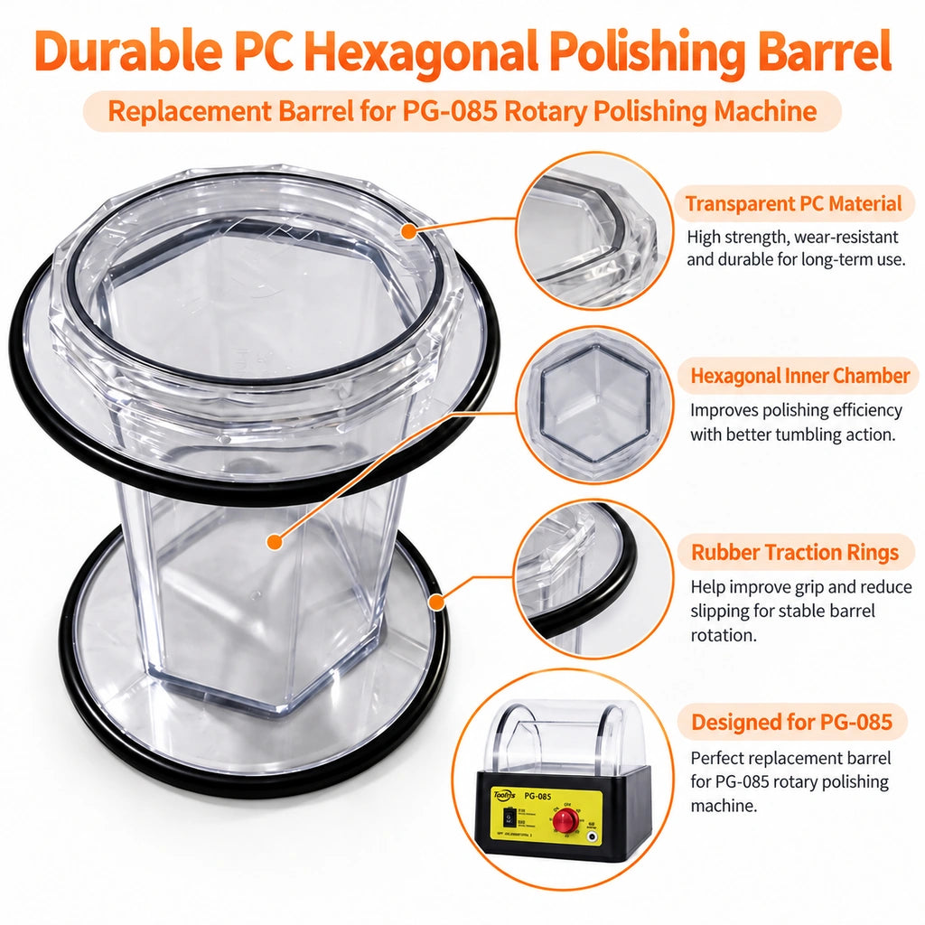 Polishing barrel features showing clear PC walls, a hexagonal inner chamber, rubber traction rings, and PG085 compatibility.
