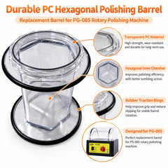 Polishing barrel features showing clear PC walls, a hexagonal inner chamber, rubber traction rings, and PG085 compatibility.
