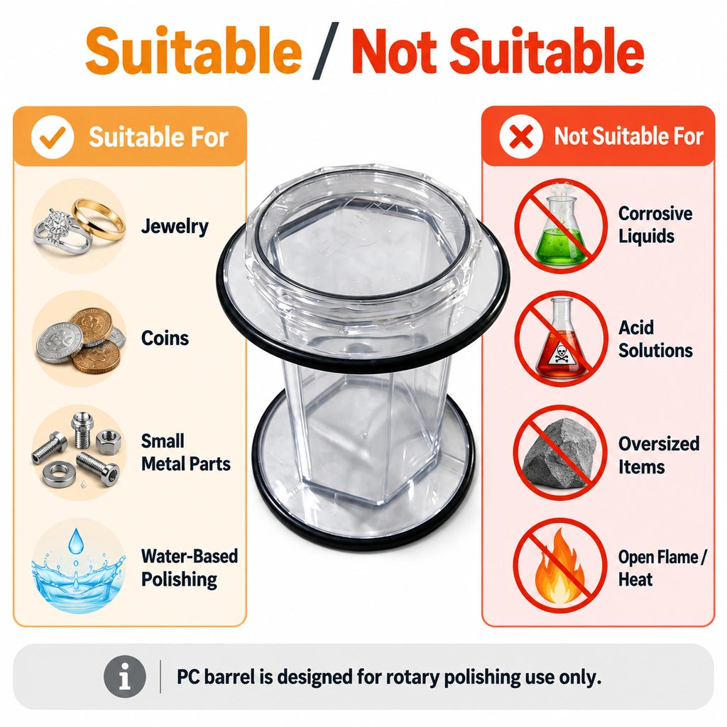 Barrel application guide for jewelry, coins, small metal parts, and water-based polishing, excluding corrosive liquids, acids, oversized items, and heat.