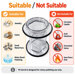 Barrel application guide for jewelry, coins, small metal parts, and water-based polishing, excluding corrosive liquids, acids, oversized items, and heat.