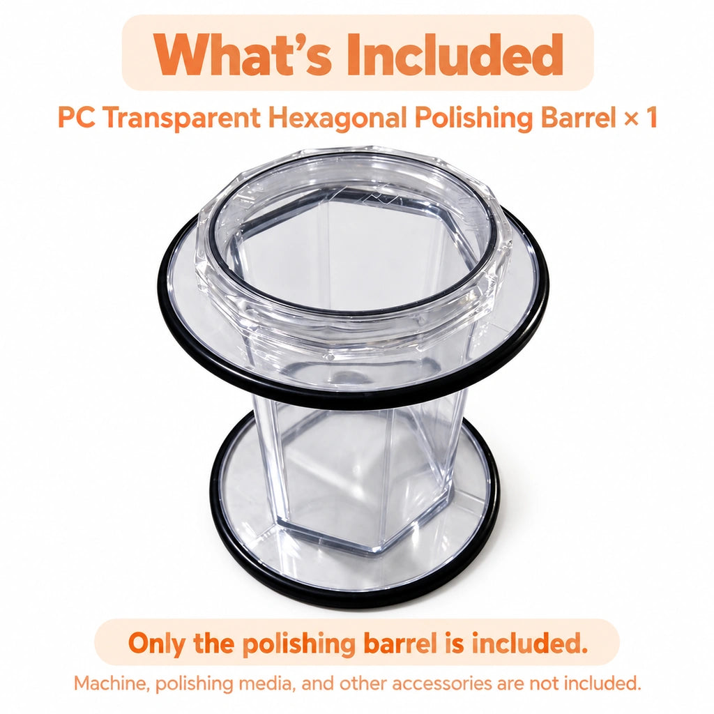 One transparent PC hexagonal polishing barrel included, without the machine, polishing media, or other accessories.