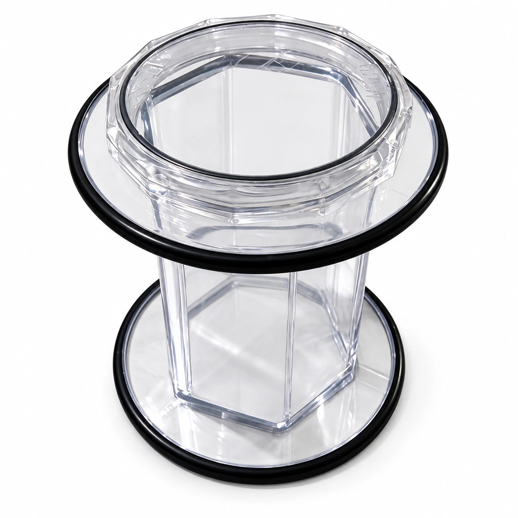 Transparent PC hexagonal replacement barrel for the Tooltos PG085 rotary tumbler with black rubber traction rings.