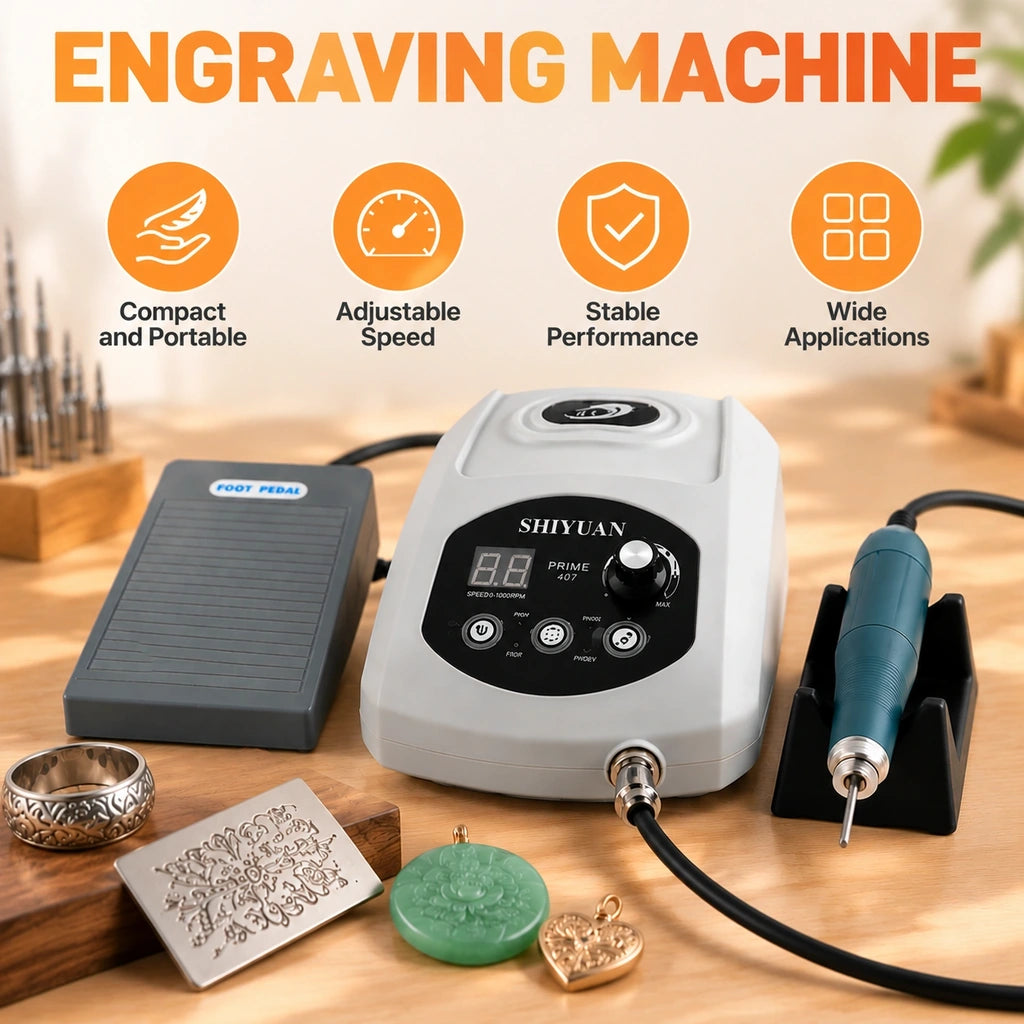 PRIME407 engraving machine on a jewelry workbench with adjustable speed control, rotary handpiece and foot pedal