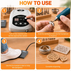 PRIME407 engraving machine guide showing speed adjustment, handpiece engraving, foot pedal operation and finished jewelry