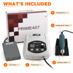 PRIME407 package contents showing control unit, foot pedal, handpiece with cable, handpiece stand and packaging box