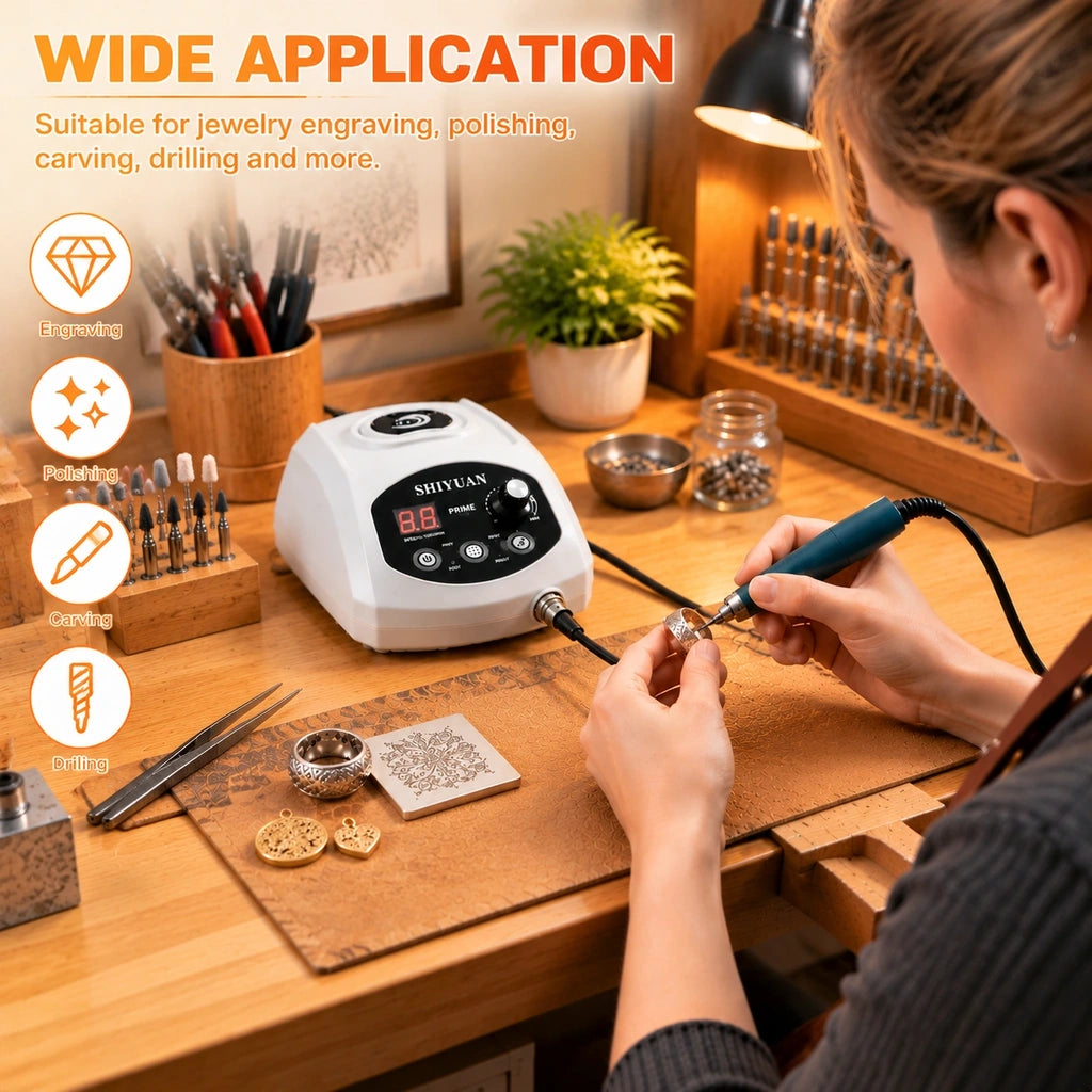 Jeweler using the PRIME407 rotary handpiece to engrave a ring at a jewelry workbench
