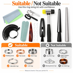 Ring sizing and adjustment kit components including mandrels, ring sizer, mallet, and polishing accessories
