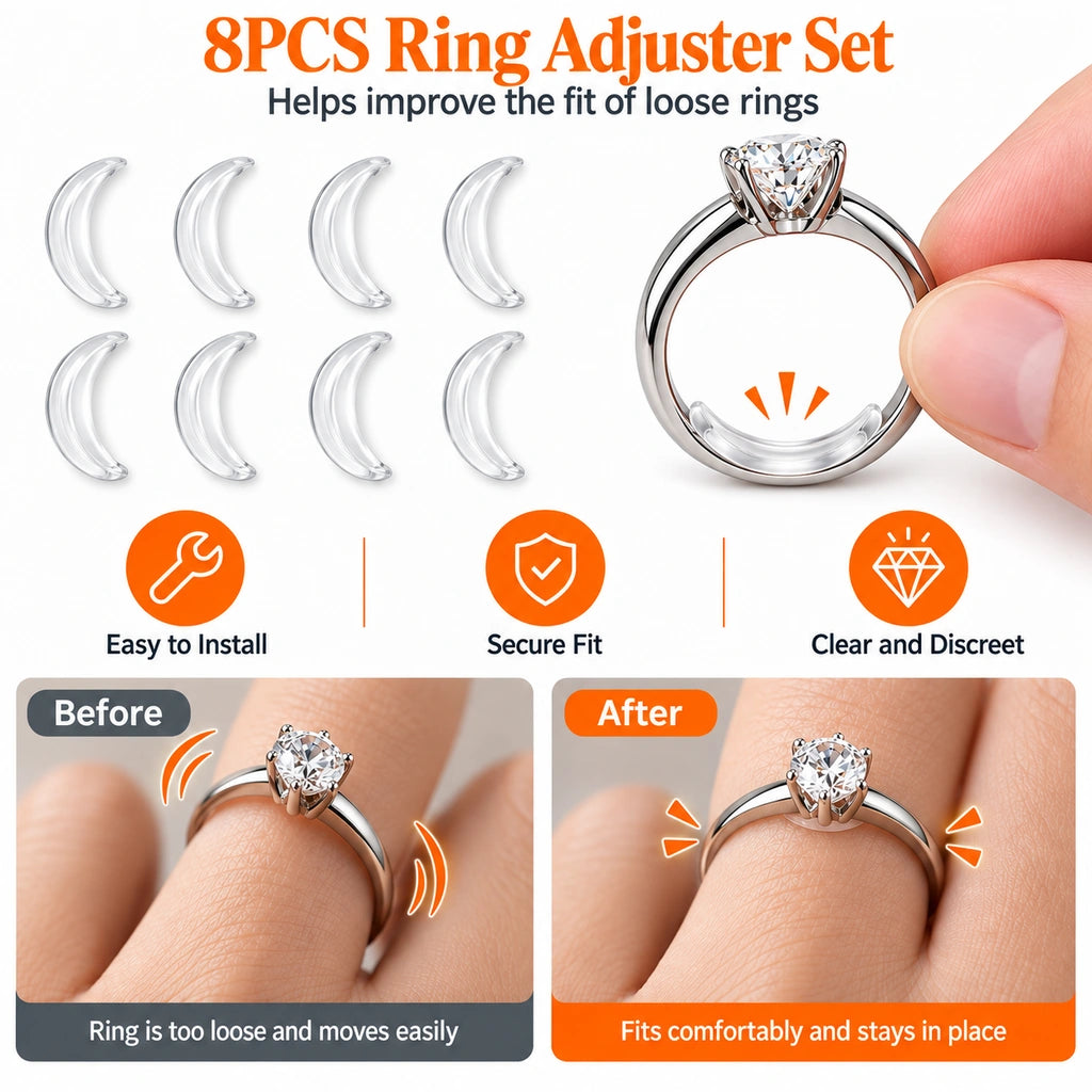 Clear ring adjusters shown with a ring to help improve the fit of a loose ring