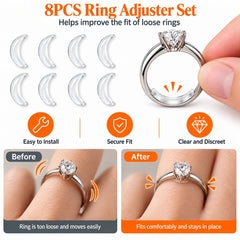 Clear ring adjusters shown with a ring to help improve the fit of a loose ring