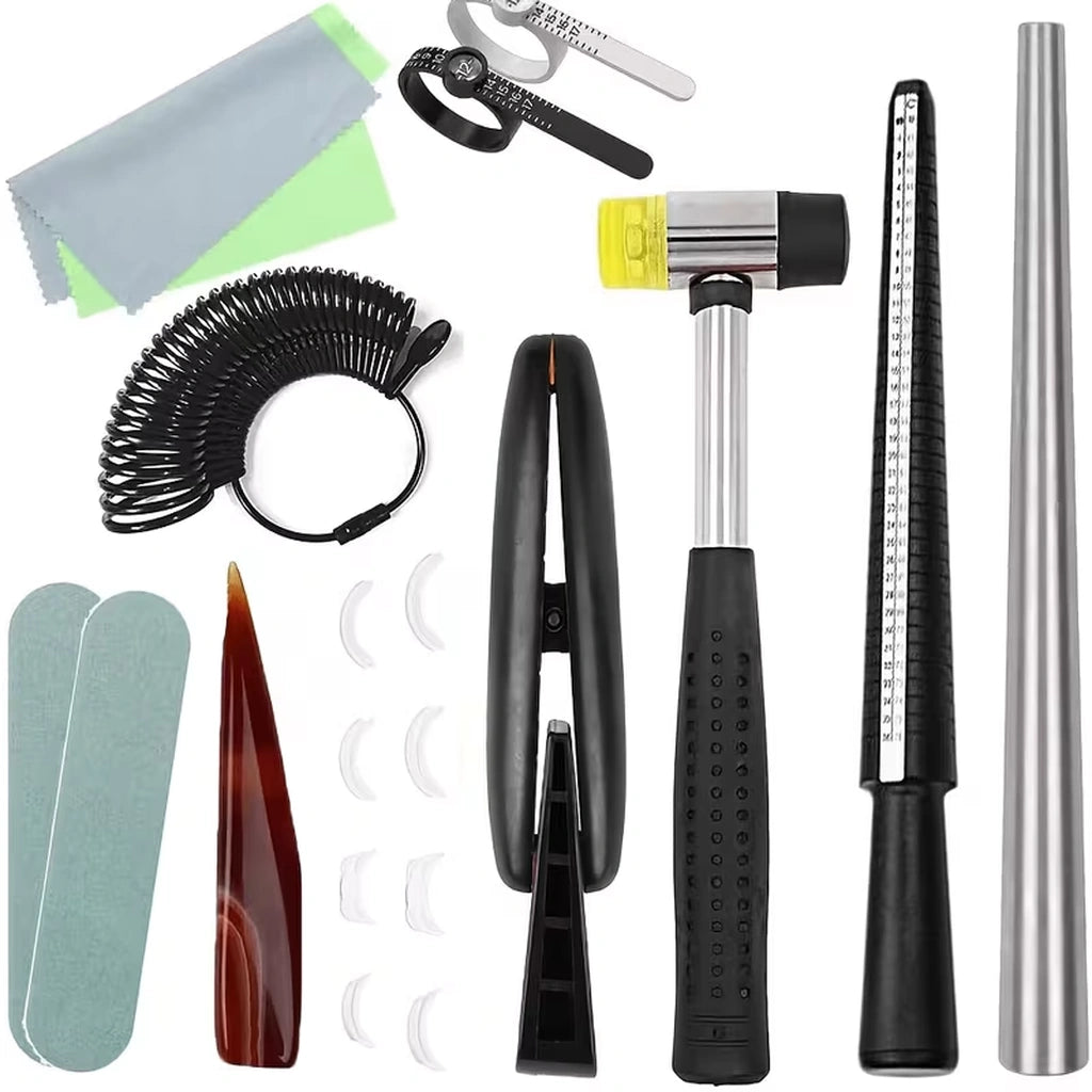 Ring sizing and adjustment tools arranged on a gray background
