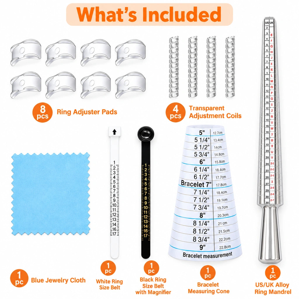 What's included in the ring and bracelet sizing adjustment kit with measuring tools and polishing cloth