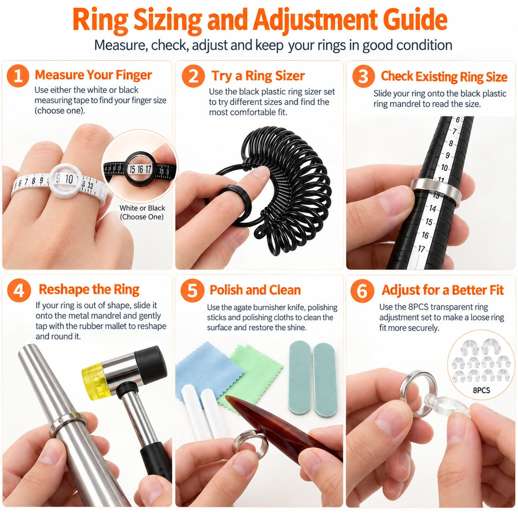 Hands using ring sizing tools with a ring sizer, mandrel, and rubber mallet